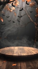 Spooky Halloween Scene with Bats and Autumn Leaves on Wooden Stage