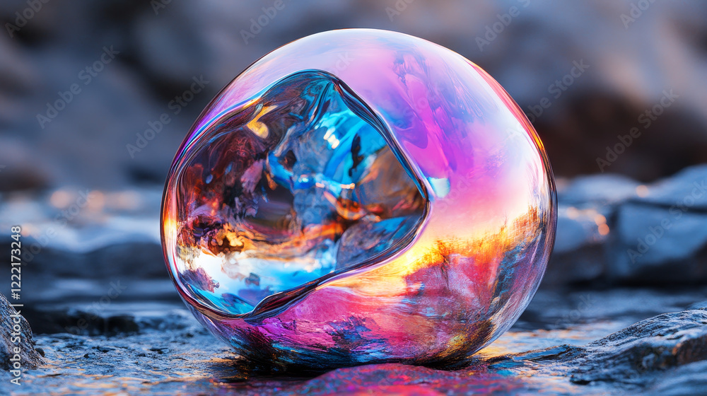 Aufkleber 3d holographic glass morphism abstract liquid bubble shape. futuristic chrome colorful iridescent co