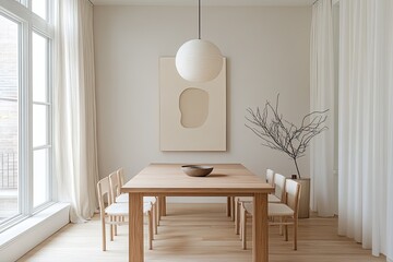 bright dining room featuring simple wooden table white chairs and pendant lamp overhead