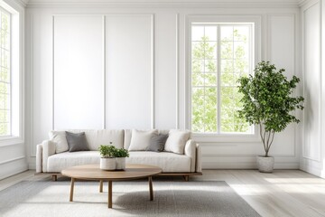 bright and spacious living room featuring neutral-colored sofa sleek wooden coffee table and single potted plant in