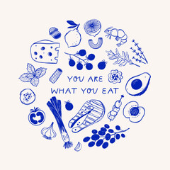 Hand drawn different mediterranean food set