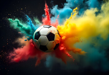Fototapeta premium A black background sets the stage for a dynamic soccer ball surrounded by bursts of vibrant colors.