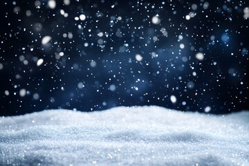 Snowy night scene with falling snowflakes and a textured snowdrift.
