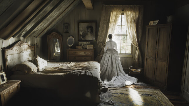 Haunted house interior - ghost of young woman in ball dress standing in atic bedroom with bed and mirror, closet and window. Cartoon vector illustration of home room with dead princess or queen.