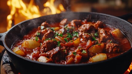 Rustic Hungarian Goulash Stewing in Cast Iron Pot Over Open Flames, Traditional Campfire Cooking, Generative AI
