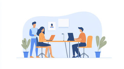 Job hire, hr manager, employer invite candidate in office vacant place. Businessman with laptop sit at desk reading applicant cv or head hunting. Human resources recruiting Cartoon vector illustration