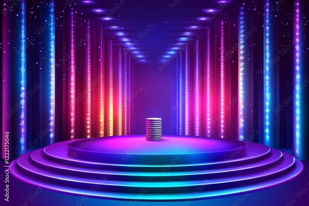 Poster neon stage with glowing columns and circular platform