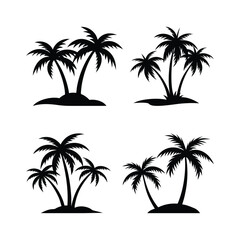 Silhouettes of palm trees, tropical islands, black and white illustration, minimalist design, vector graphics, beach scenery