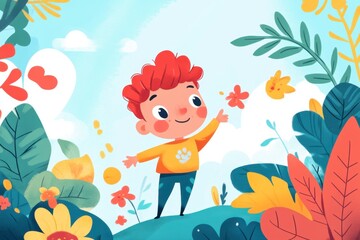 Cheerful Boy Playing in Colorful Floral Landscape with Bright Leaves