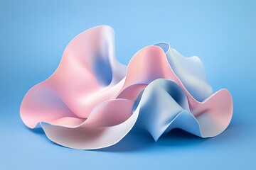 A stunning image of a 3d abstract composed of light pink and blue layered fabric, creating a fluid and dynamic texture on a serene blue background