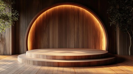 a wooden platform with a circular light in the middle