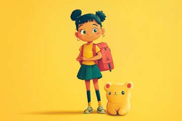 Cheerful girl with backpack and cute yellow bear companion