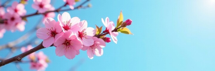 Obraz premium Pink cherry blossoms on a light green wooden branch against a blue sky, light green, spring, blue sky