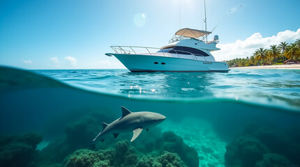 Fototapeta premium A sleek yacht rests on the surface of crystal-clear waters while a shark swims gracefully below, gliding over vibrant coral reef. The tropical beach sparkles under the sun.