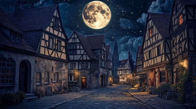 Medieval german street with half-timbered houses at night. Traditional european buildings in old town in moonlight. Vector cartoon landscape with fachwerk cottages, moon and stars on dark sky