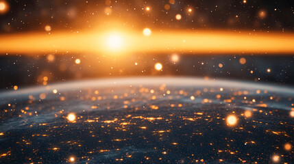 Earth with digital data overlays floating in space representing modern technology and connectivity with a minimalist bright tone and blurred background leaving space for captions

