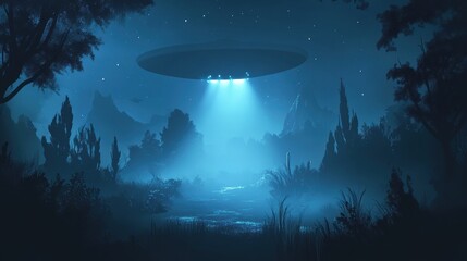 Unidentified flying object hovering over a nocturnal forest landscape
