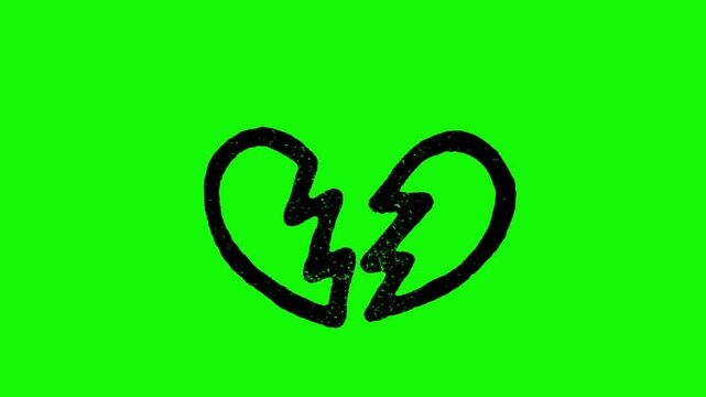Hand drawn broken heart icon animated. Green background