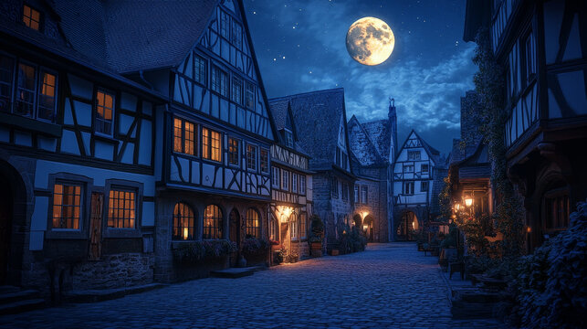 Medieval german street with half-timbered houses at night. Traditional european buildings in old town in moonlight. Vector cartoon landscape with fachwerk cottages, moon and stars on dark sky