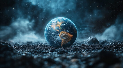 Earth with digital data overlays floating in space representing modern technology and connectivity with a minimalist bright tone and blurred background leaving space for captions

