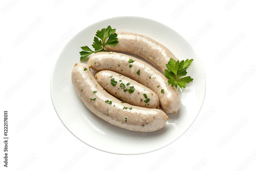 Wall mural White sausages with fresh parsley in a white plate isolated on white or transparent, PNG