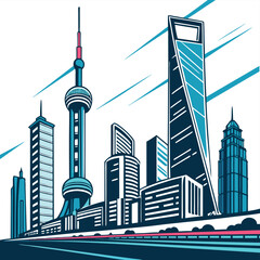 vector art of a futuristic city skyline at night, glowing lines Adobe Illustrator Artwork