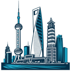 vector art of a futuristic city skyline at night, glowing lines