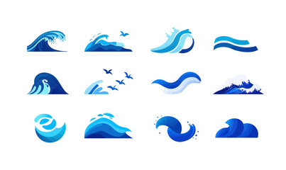 Minimalist Blue Sea Waves Vector Set for Ocean Design Elements and Icons