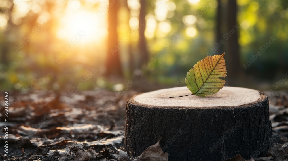 Poster analysis and global warming concept. a leaf rests on a log in a sunlit forest setting.