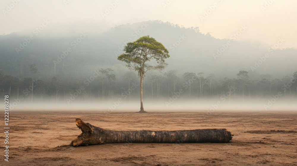 Poster analysis and global warming concept. solitary tree in misty landscape with a fallen log in foregroun