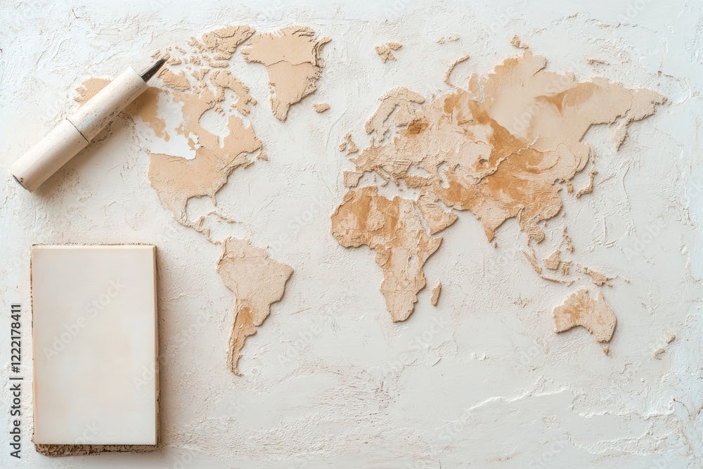 Aufkleber analysis and global warming concept. world map made from textured materials with a blank notebook be