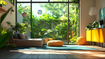 House living room with panoramic window with view of backyard outside. Vector cartoon illustration of empty interior with sofa, pouf, cabinet and big window with summer landscape view