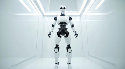 A complete view of a humanoid robot with an advanced design and articulated limbs, situated in a minimalist, high-tech space
