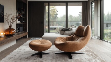 Modern Living Room Design with Brown Leather Swivel Chair and Floor-to-Ceiling Windows