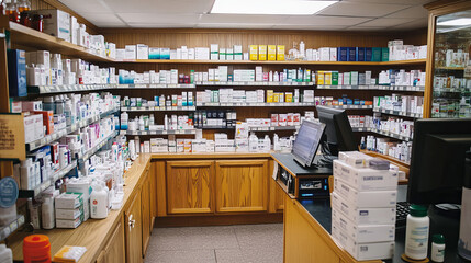 Obraz premium Pharmacy interior with drugs on shelves. Vector cartoon illustration of drugstore selling medication, cosmetic bottles, boxes of pills, tablets on shelf, computer on cash desk, pharmaceutical business