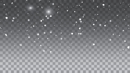 Falling snow elements in different shapes and sizes. A realistic snowfall overlay effect on a transparent background. 