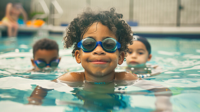 Children enjoying swimming lessons in pool, learning water safety skills.