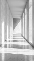 Obraz premium arafed view of a long hallway with arched windows and a tiled floor