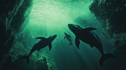 Killer whales swimming near a massive underwater cavern, bioluminescent plankton glowing around them