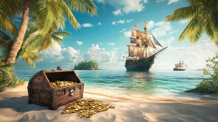 Tropical island with treasure chest and broken pirate ship. Vector cartoon sea landscape with sail boat after shipwreck with skull on black sails, palm trees and gold coins on uninhabited island