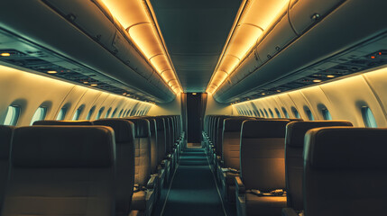 Business class in plane empty interior. Private jet or luxury airplane cabin inside view with comfortable seats. Illuminated salon aisle with chairs for vip persons travel, Cartoon vector illustration