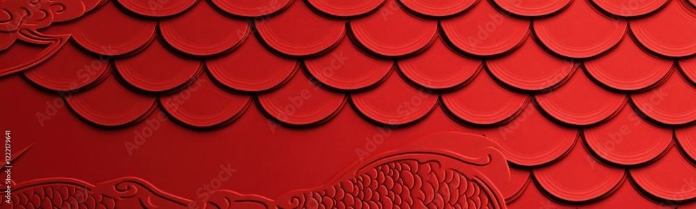 Poster red scale pattern with embossed fish design.