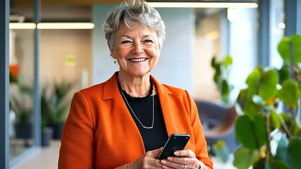 A senior woman exudes confidence and adaptability as she engages with her smartphone in a modern office setting.