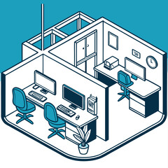 Vector graphic of a tech company workspace with ergonomic chairs Illustrator Artwork