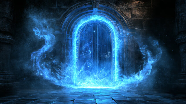 Magic portal with stone doorway and blue glow vortex. Cartoon vector illustration set of fantasy game and fairytale door. Wizard teleport in medieval scene. Fantastic entrance to parallel world.