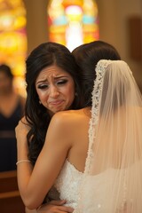 Fototapeta premium A bride and bridesmaid embrace, sharing a tender moment. AI.