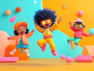 Colorful Playful Children Jumping in Vibrant Abstract Background