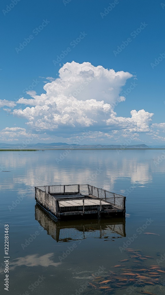 Poster calm lake with a floating enclosure under a cloudy sky. ai.