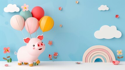 Obraz premium National Pig Day. A cute pink piglet standing in a field with colorful balloons and a rainbow.