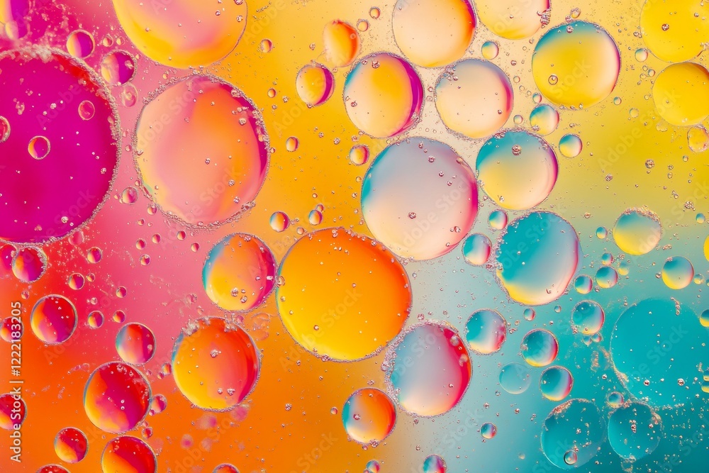 Poster Colorful oil bubbles float in water, forming intricate abstract patterns. The vibrant hues mix seamlessly, creating a stunning visual display. With copy space for text
